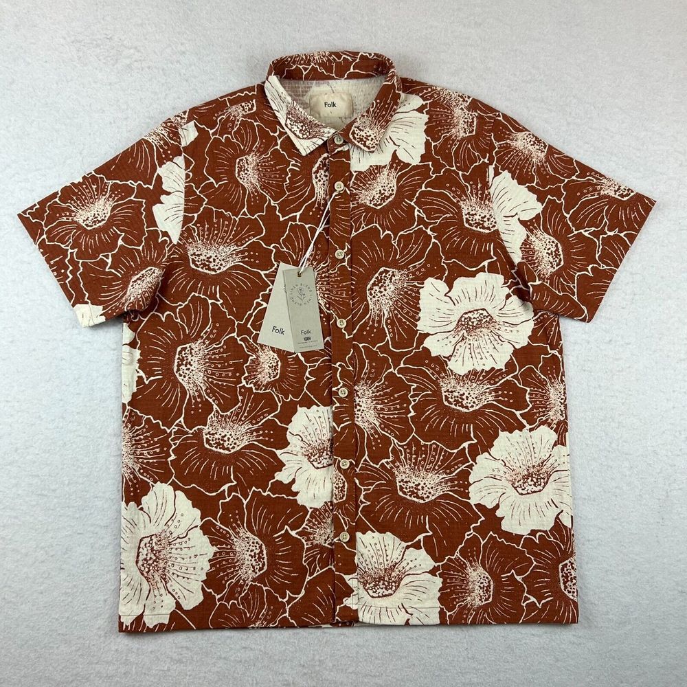 New NWT Mens Folk Maui Linen Short Sleeve Button Down Orange Shirt‎ Size Large